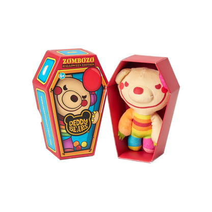 Deddy Bears Halloween Edition Zombozo 5-inch plush in coffin box, a clown bear with rainbow stripes and a red nose.