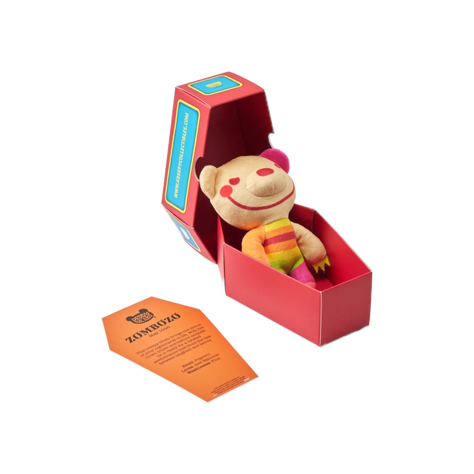 Deddy Bears Halloween Edition Zombozo 5-inch plush in coffin box, a clown bear with rainbow stripes and a red nose.