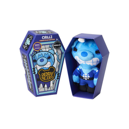 Deddy Bears Series 2 Holiday Edition Chillz 6-inch plush in coffin box, a blue frozen bear with a winter hat.