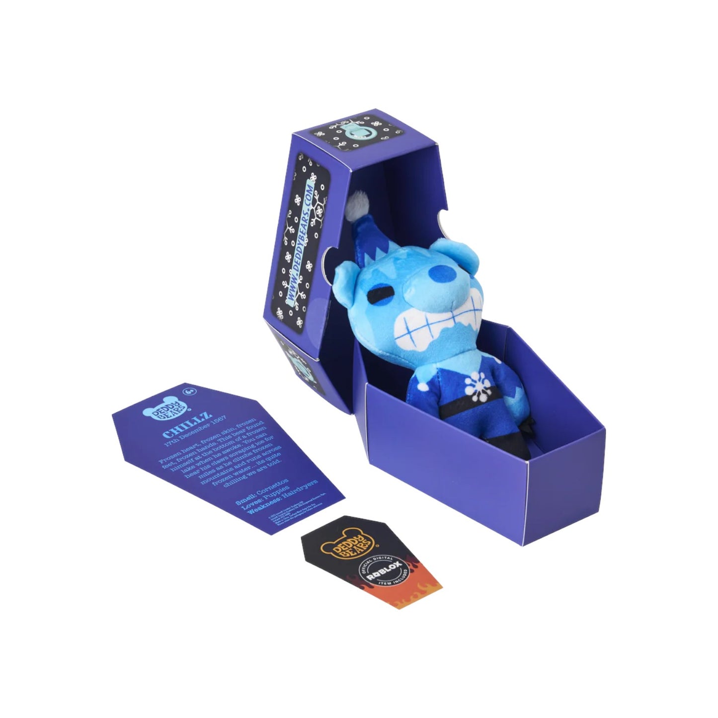 Deddy Bears Series 2 Holiday Edition Chillz 6-inch plush in coffin box, a blue frozen bear with a winter hat.