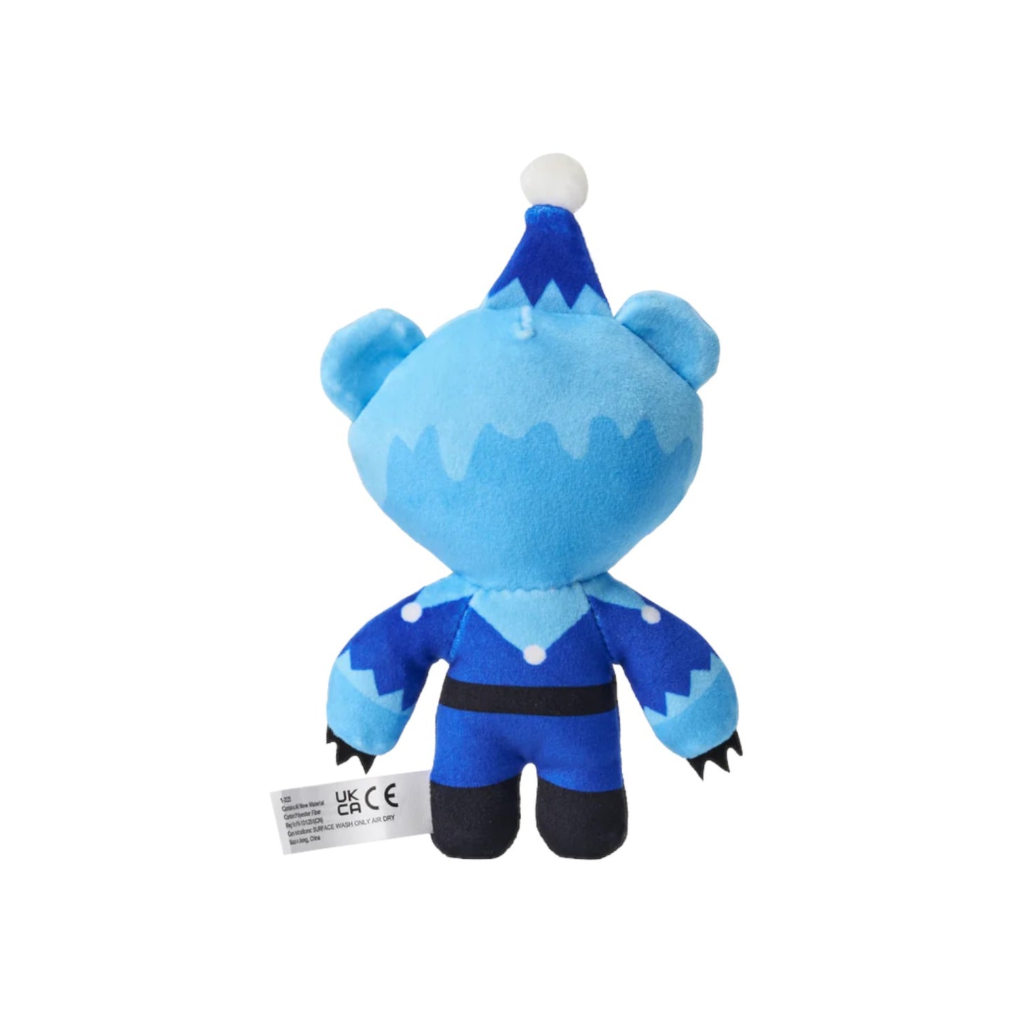 Blue plush toy with a white tag on a white background