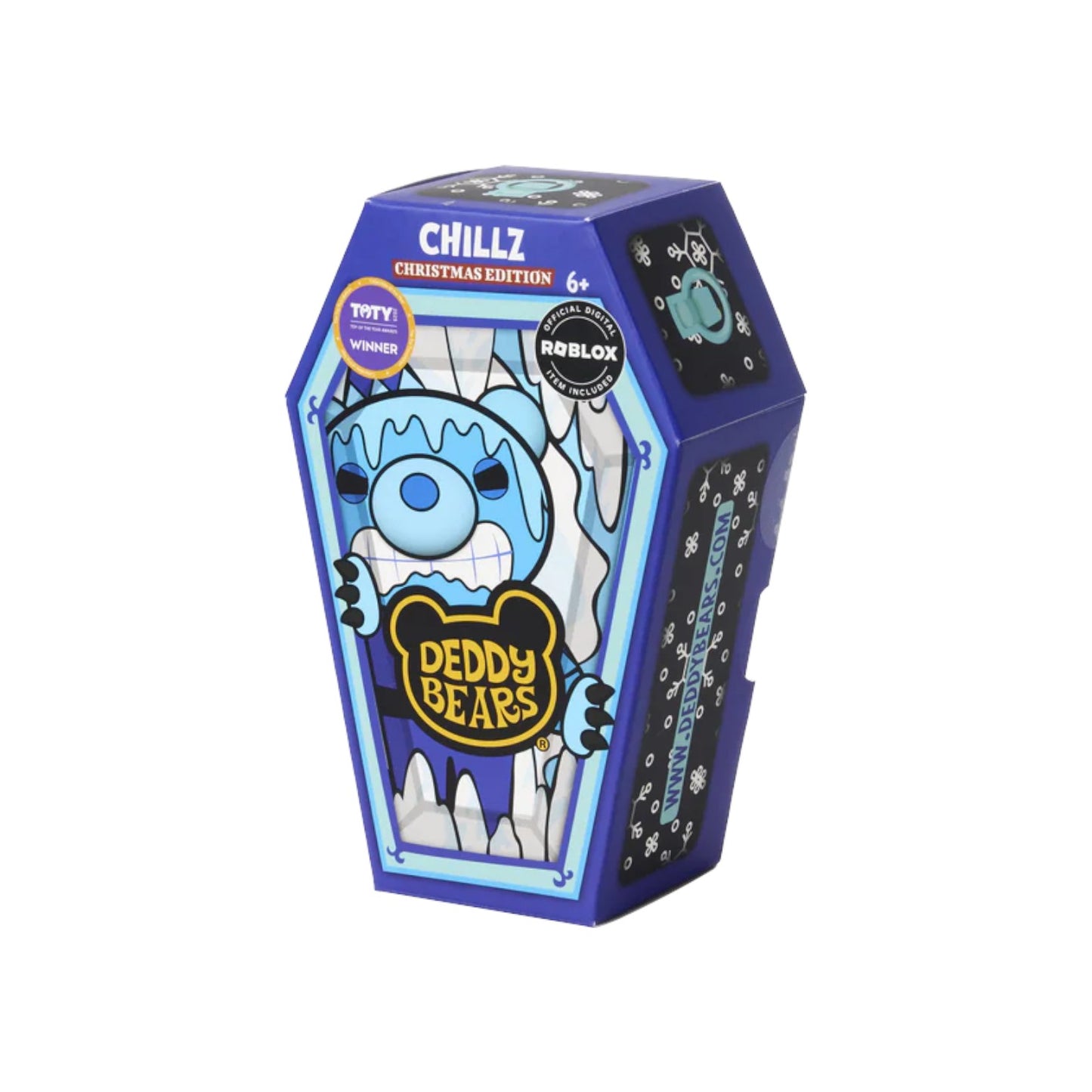 Blue teddy bear toy in a coffin-shaped box with 'Chillz' branding on a white background