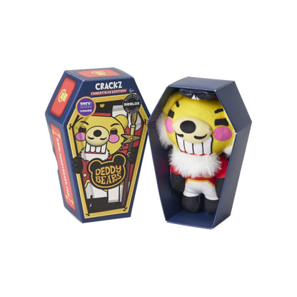 Deddy Bears Series 2 Holiday Edition Crackz 6-inch plush in coffin box, a yellow nutcracker bear with a red uniform and big teeth.