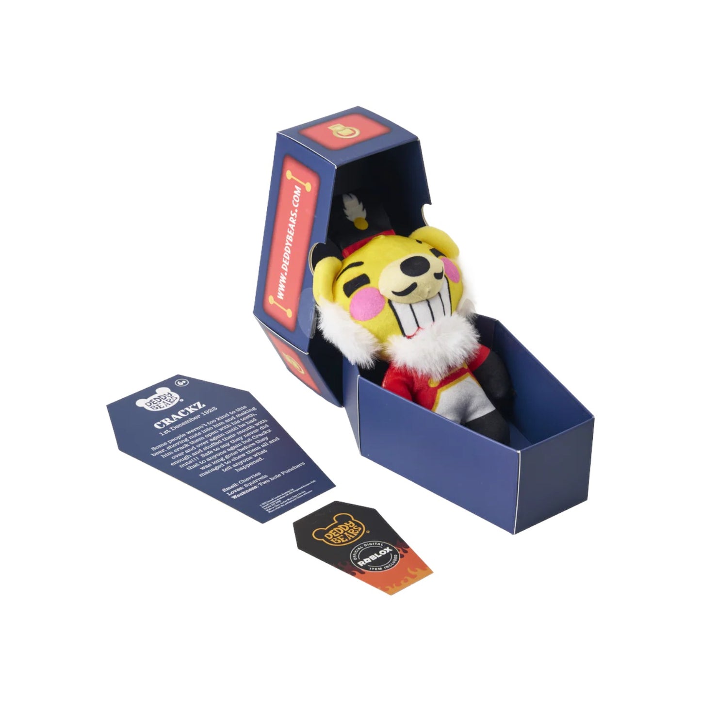 Deddy Bears Series 2 Holiday Edition Crackz 6-inch plush in coffin box, a yellow nutcracker bear with a red uniform and big teeth.