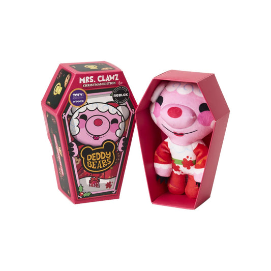 Deddy Bears Series 2 Holiday Edition Mrs. Clawz 6-inch plush in coffin box, a pink bear with white hair and a red dress.