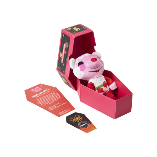 Deddy Bears Series 2 Holiday Edition Mrs. Clawz 6-inch plush in coffin box, a pink bear with white hair and a red dress.