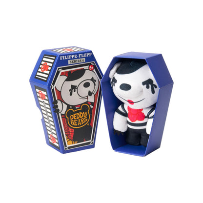 Deddy Bears Series 4 Filippe-Flopp 5-inch plush in coffin box, a black and white mime bear with a beret and red scarf.