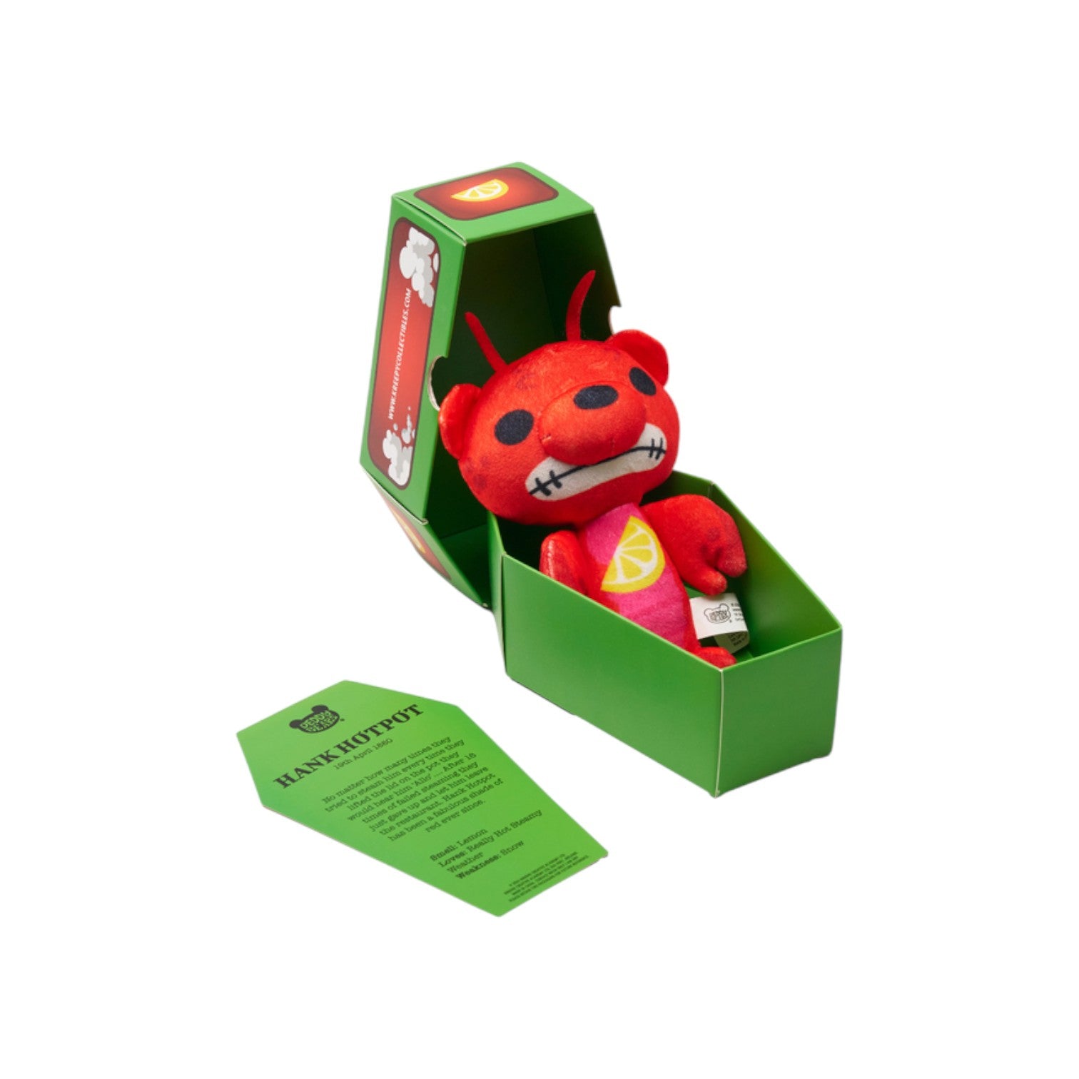 Deddy Bears Series 4 Hank Hotpot 5-inch plush in coffin box, a red lobster bear with antennae and a lemon slice on its chest.