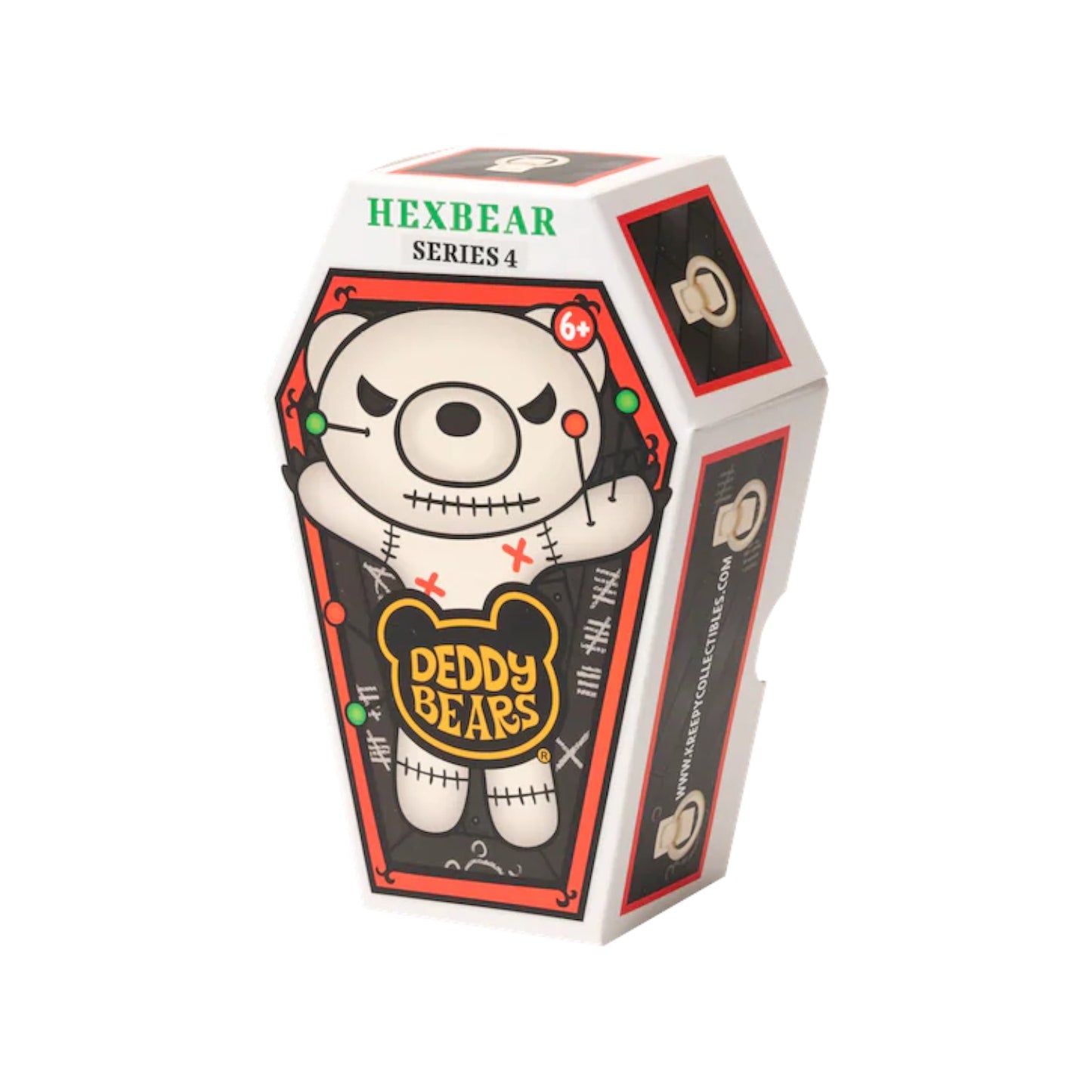 Deddy Bears Series 4 Hexbear 5-inch plush in coffin box, a white voodoo bear with stitched details and black claws.