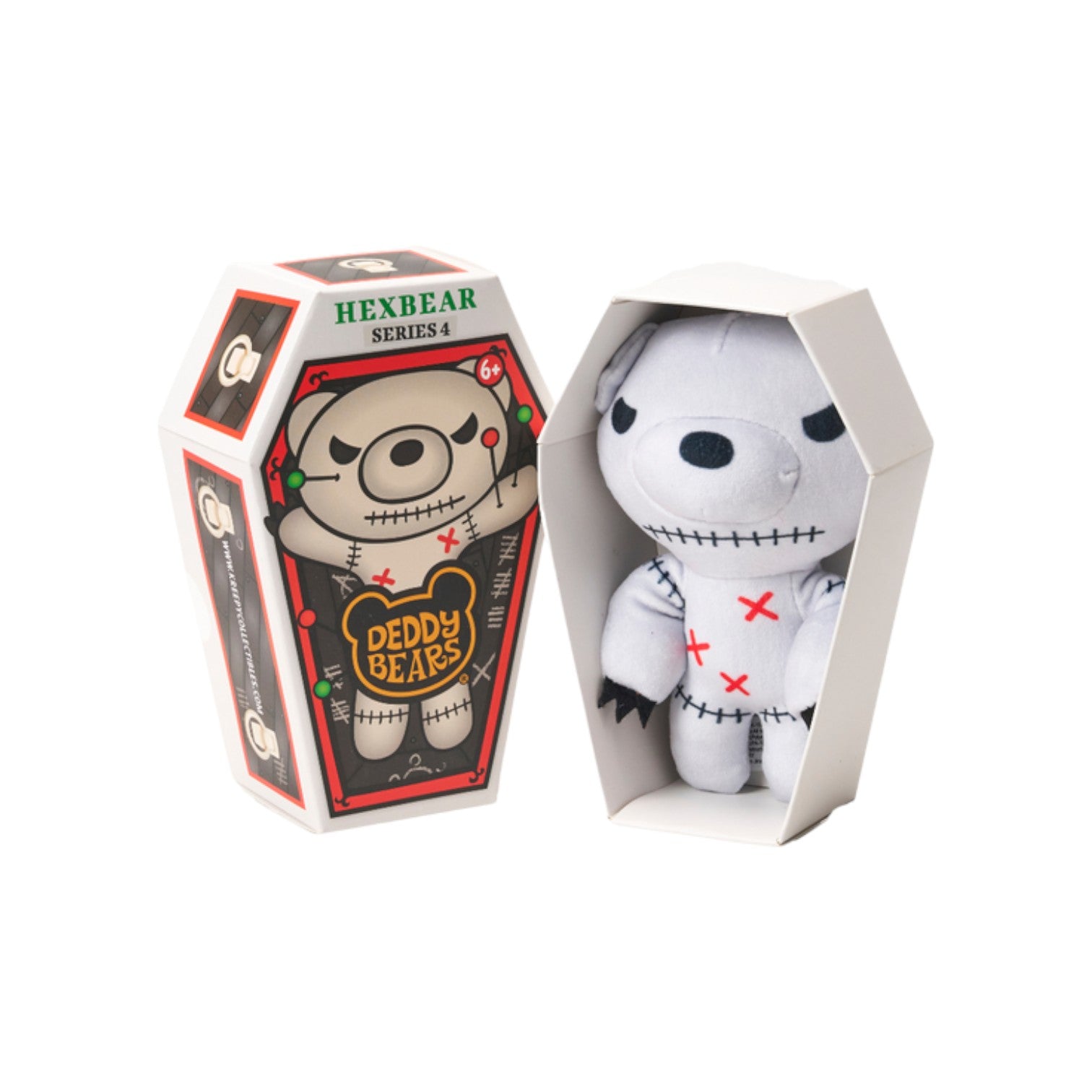 Deddy Bears Series 4 Hexbear 5-inch plush in coffin box, a white voodoo bear with stitched details and black claws.