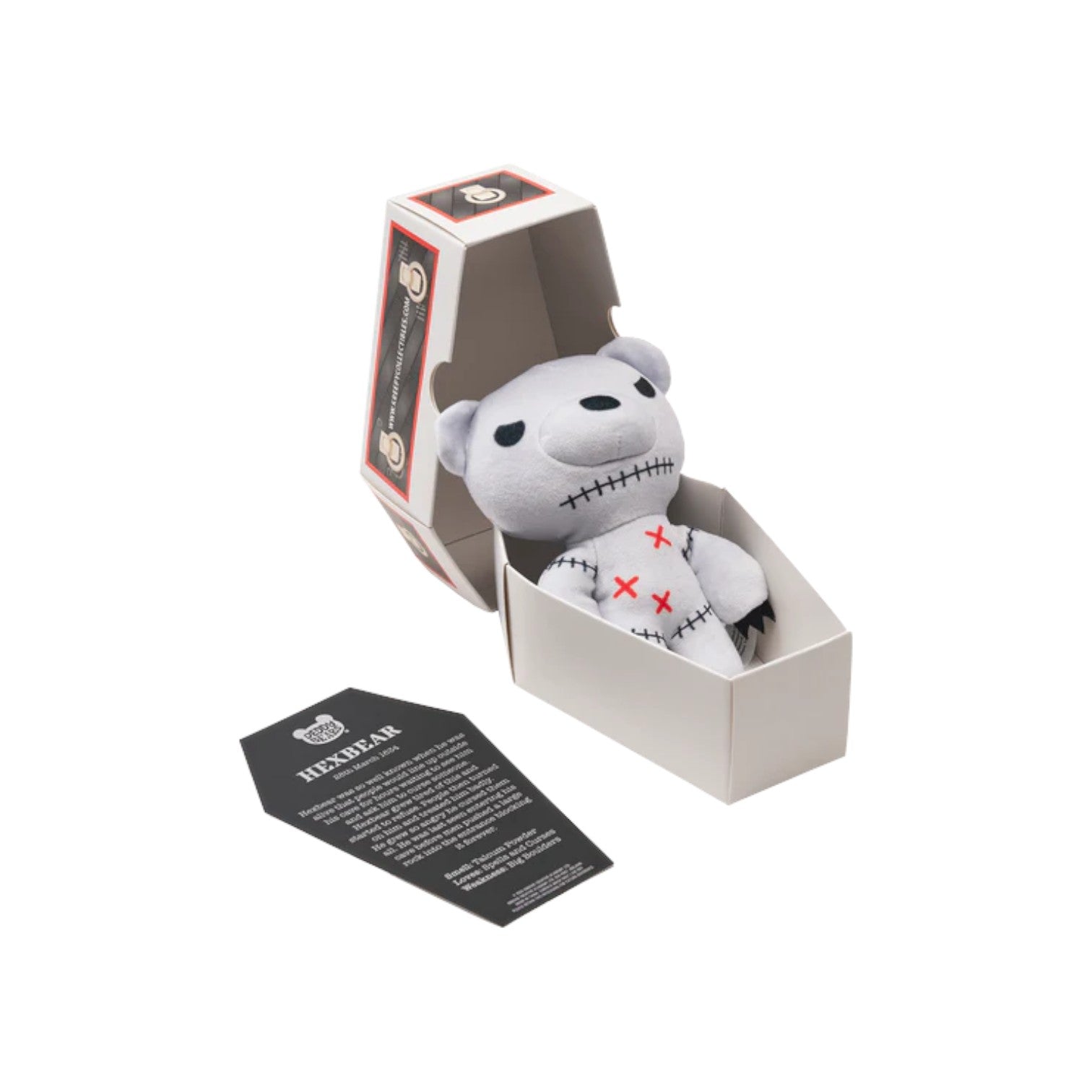 Deddy Bears Series 4 Hexbear 5-inch plush in coffin box, a white voodoo bear with stitched details and black claws.