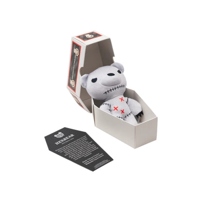 Deddy Bears Series 4 Hexbear 5-inch plush in coffin box, a white voodoo bear with stitched details and black claws.