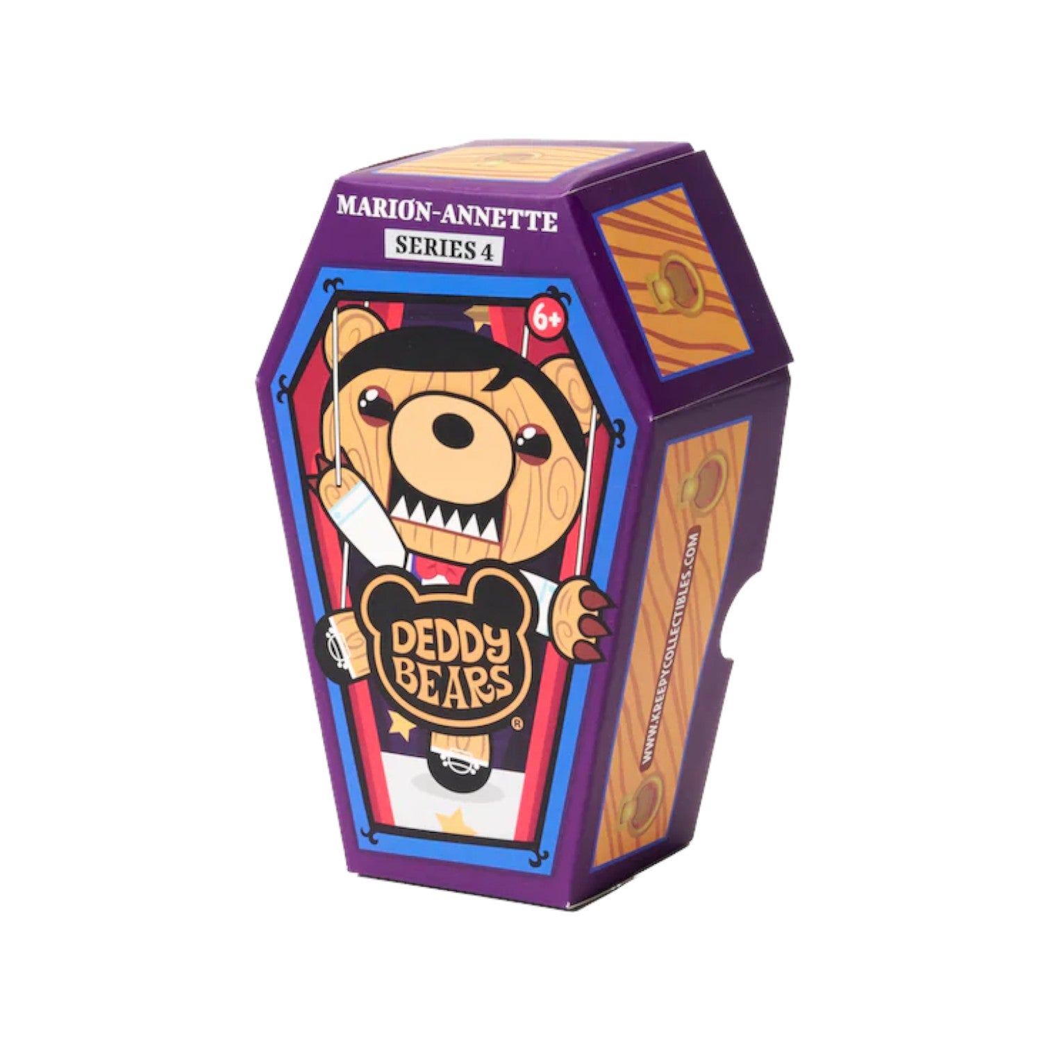 Deddy Bears Series 4 Marion-Annette 5-inch plush in coffin box, a wooden puppet bear with blue overalls and a red bowtie.