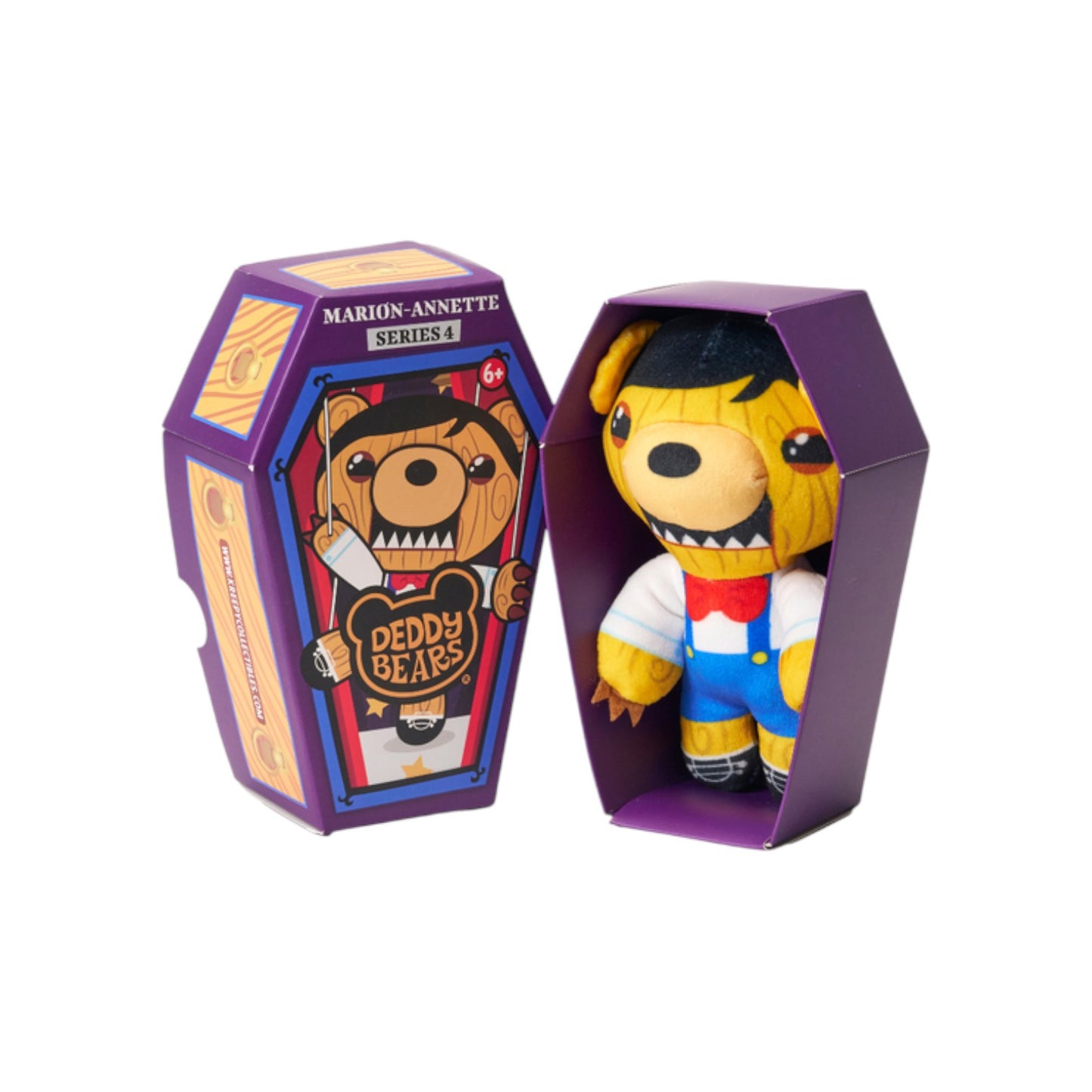 Deddy Bears Series 4 Marion-Annette 5-inch plush in coffin box, a wooden puppet bear with blue overalls and a red bowtie.
