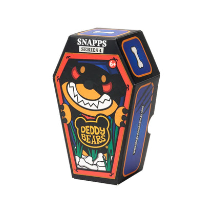 Deddy Bears Series 4 Snapps 5-inch plush in coffin box, a black and tan dog with red eyes and a jagged grin.