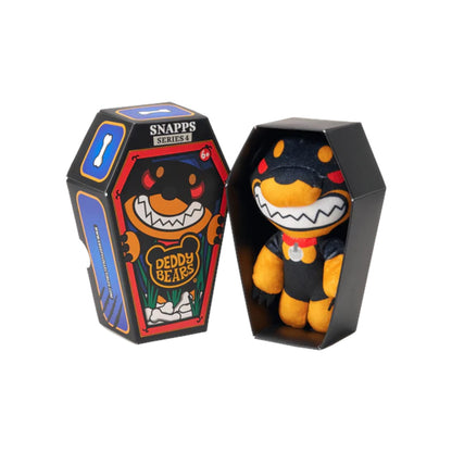 Deddy Bears Series 4 Snapps 5-inch plush in coffin box, a black and tan dog with red eyes and a jagged grin.