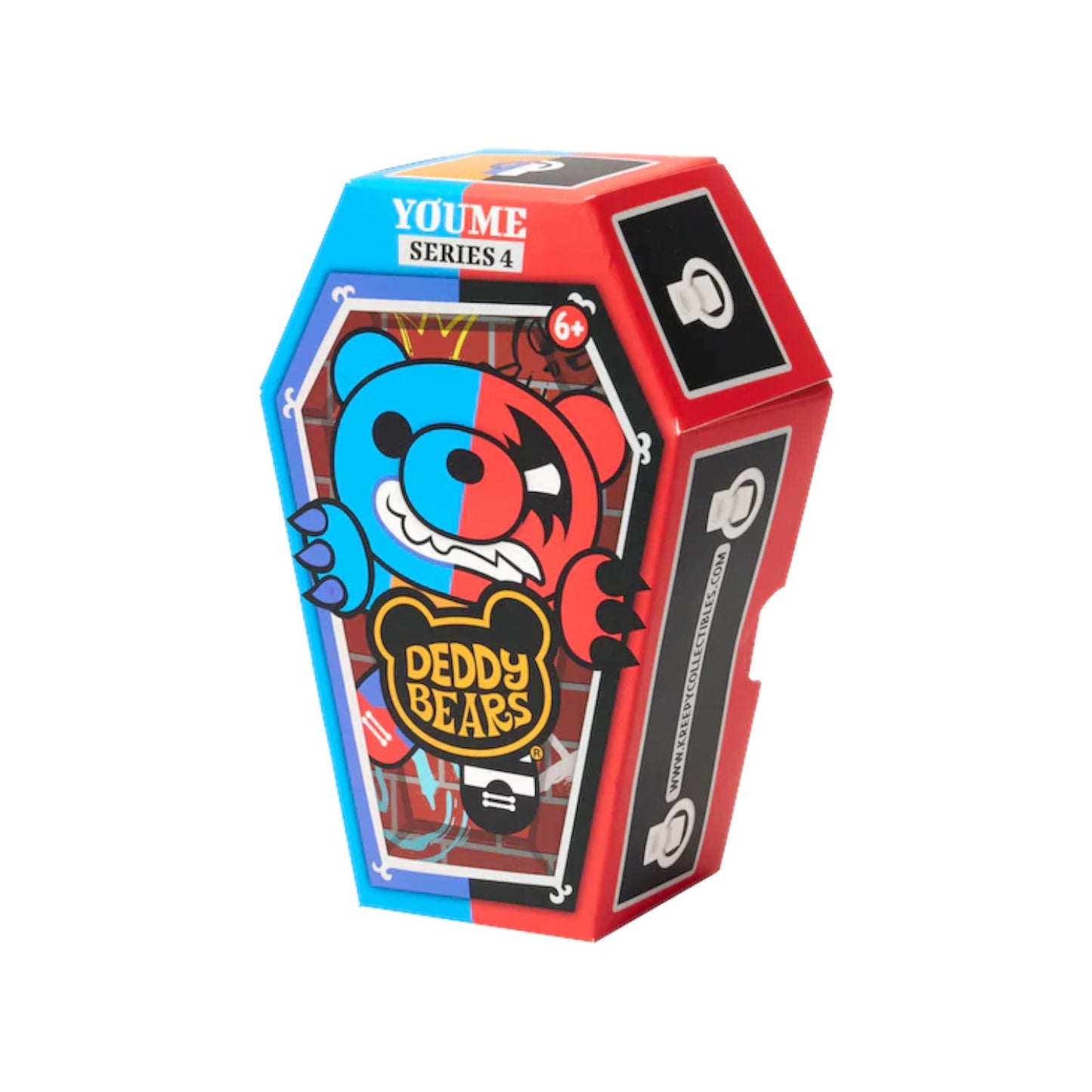 Deddy Bears Series 4 Youme 5-inch plush in coffin box, a split blue and red bear with a good side and a naughty side.
