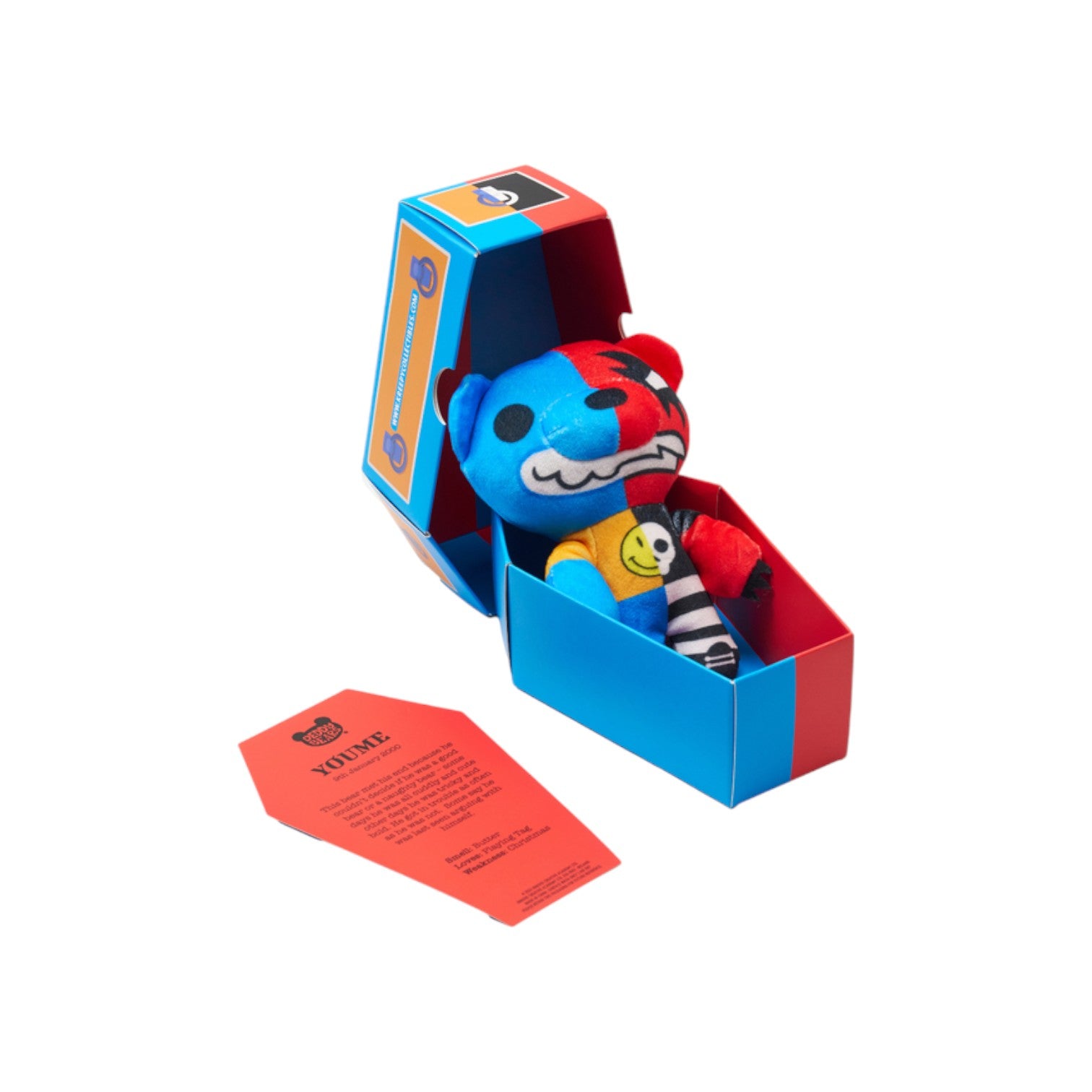 Deddy Bears Series 4 Youme 5-inch plush in coffin box, a split blue and red bear with a good side and a naughty side.