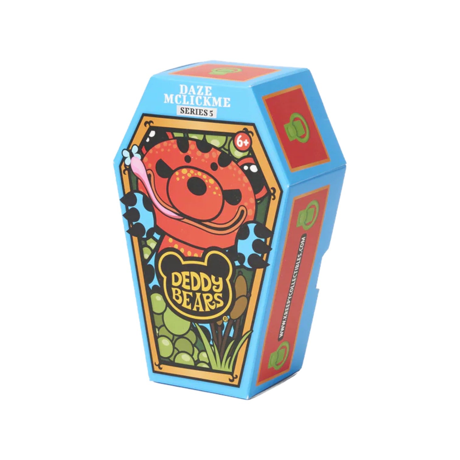 Deddy Bears Series 5 Daze McClickme 5-inch plush in coffin box, a red and blue spotted poison dart frog bear.