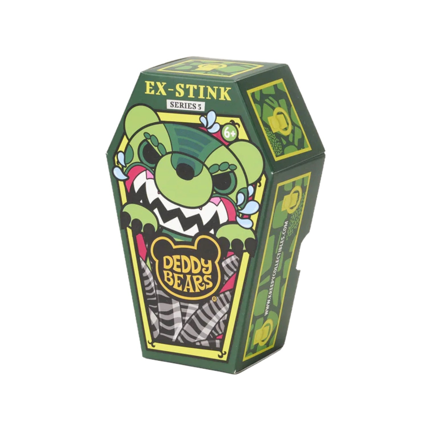 Deddy Bears Series 5 Ex-Stink 5-inch plush in coffin box, a green dinosaur-like bear with a wide toothy grin.