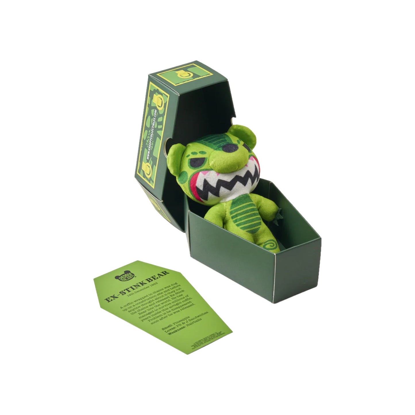 Deddy Bears Series 5 Ex-Stink 5-inch plush in coffin box, a green dinosaur-like bear with a wide toothy grin.