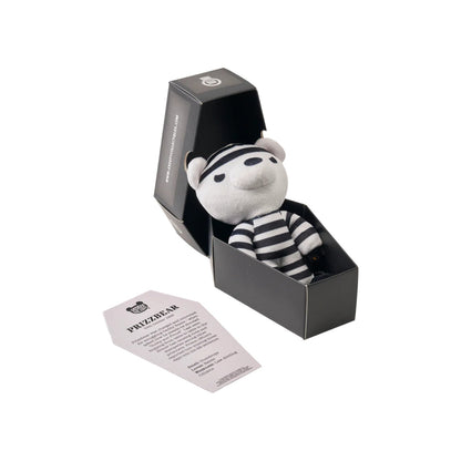 Deddy Bears Series 5 Prizzbear 5-inch plush in coffin box, a prisoner bear in striped suit with a ball and chain.