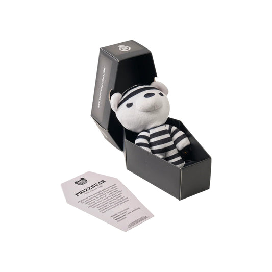 Deddy Bears Series 5 Prizzbear 5-inch plush in coffin box, a prisoner bear in striped suit with a ball and chain.
