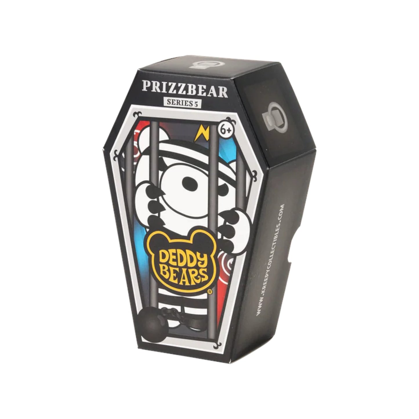 Deddy Bears Series 5 Prizzbear 5-inch plush in coffin box, a prisoner bear in striped suit with a ball and chain.