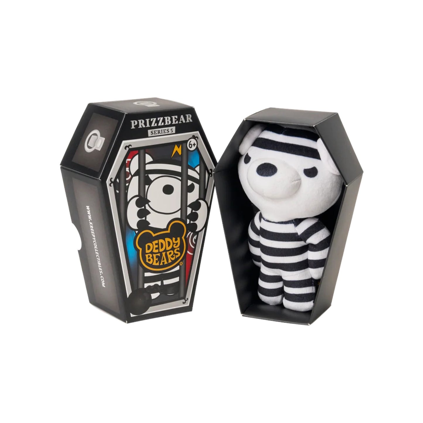 Deddy Bears Series 5 Prizzbear 5-inch plush in coffin box, a prisoner bear in striped suit with a ball and chain.
