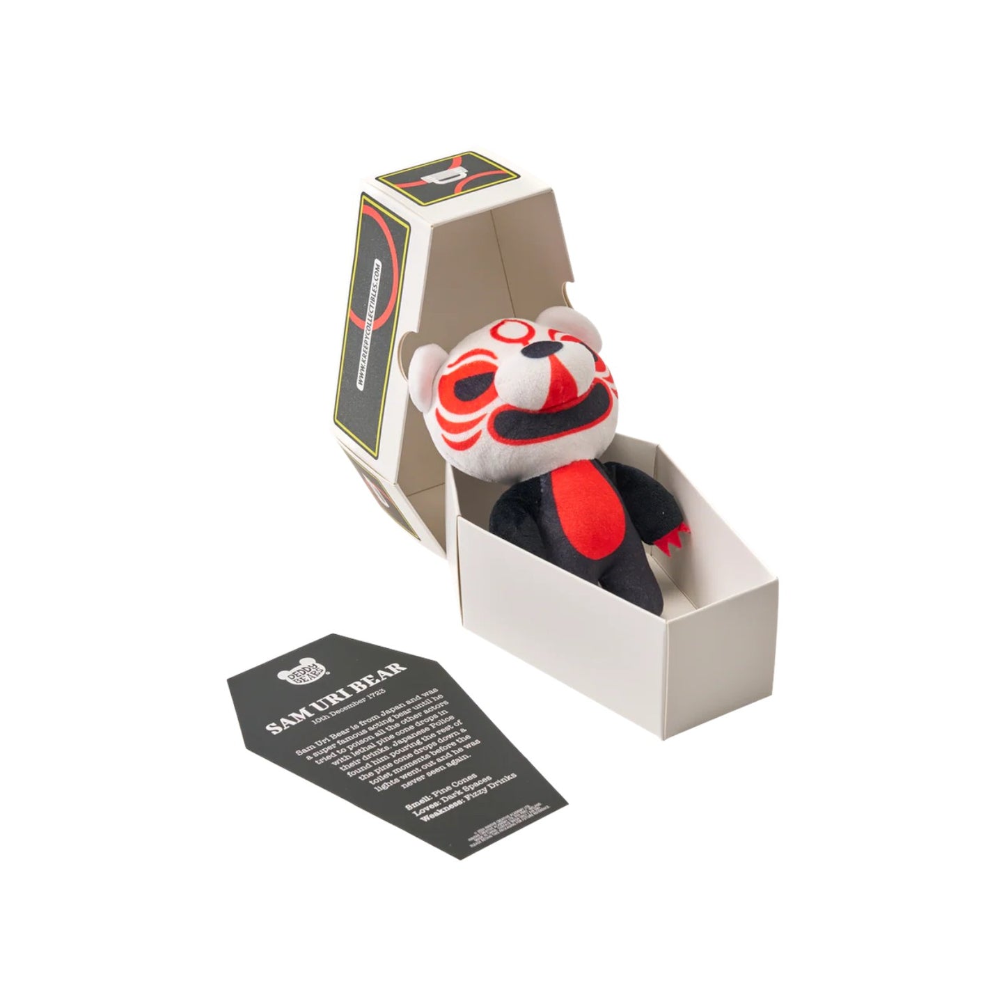 Deddy Bears Series 5 Sam Uri 5-inch plush in coffin box, a black and white bear with red Kabuki makeup and claws.