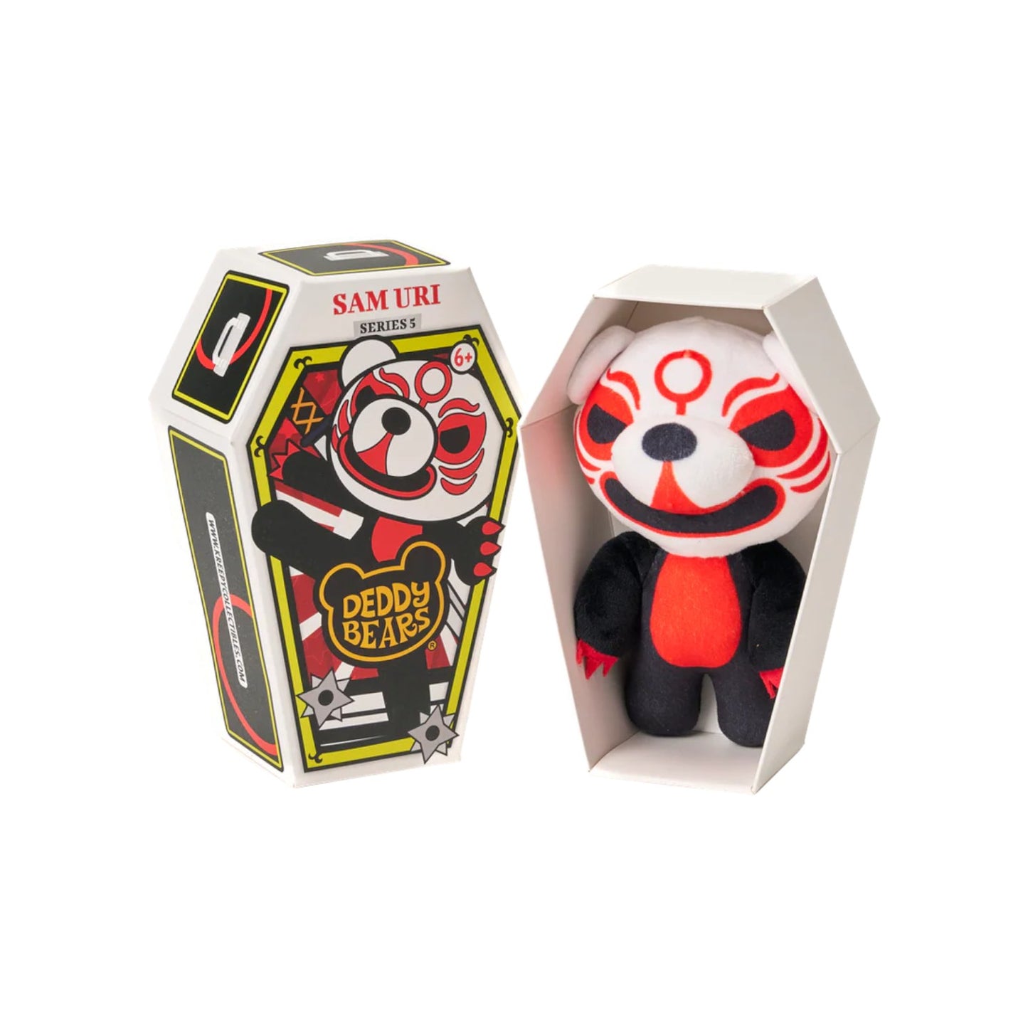 Deddy Bears Series 5 Sam Uri 5-inch plush in coffin box, a black and white bear with red Kabuki makeup and claws.