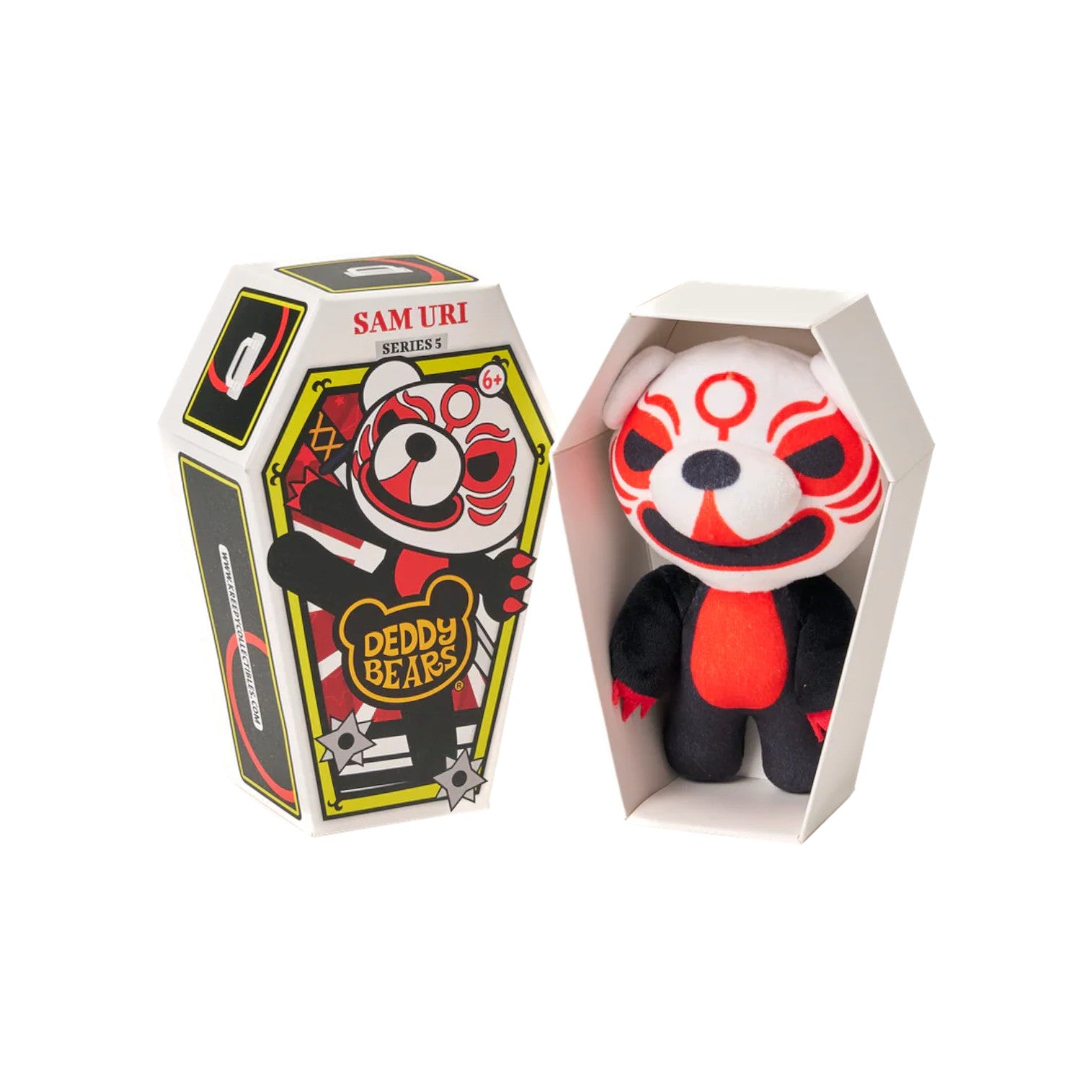 Deddy Bears Series 5 Sam Uri 5-inch plush in coffin box, a black and white bear with red Kabuki makeup and claws.