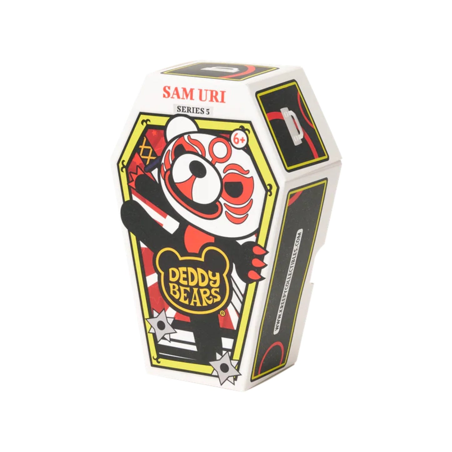 Deddy Bears Series 5 Sam Uri 5-inch plush in coffin box, a black and white bear with red Kabuki makeup and claws.