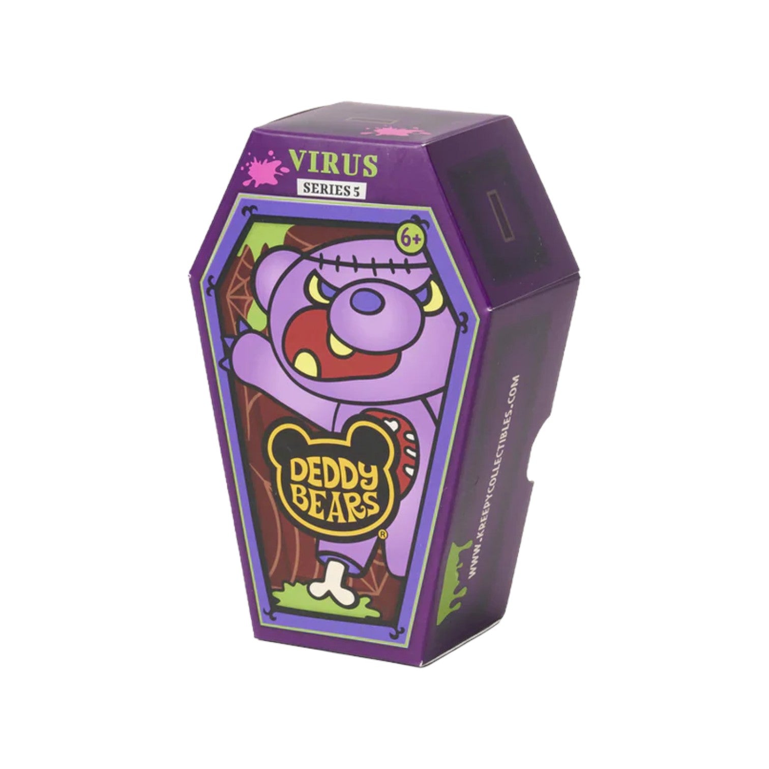 Deddy Bears Series 5 Virus 5-inch plush in coffin box, a purple zombie bear with stitches and exposed ribs.