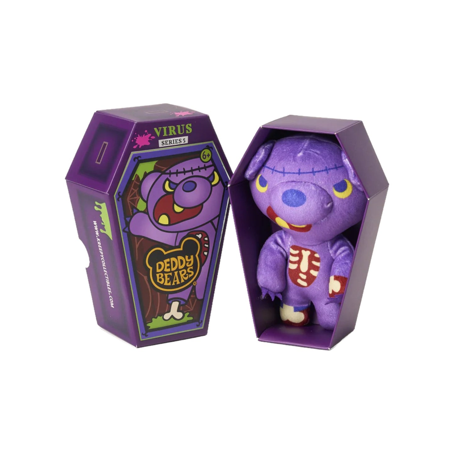 Deddy Bears Series 5 Virus 5-inch plush in coffin box, a purple zombie bear with stitches and exposed ribs.
