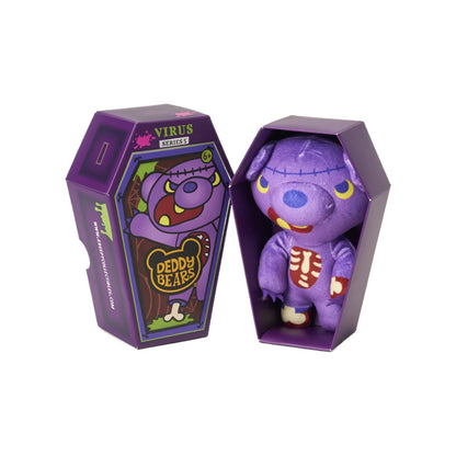 Deddy Bears Series 5 Virus 5-inch plush in coffin box, a purple zombie bear with stitches and exposed ribs.
