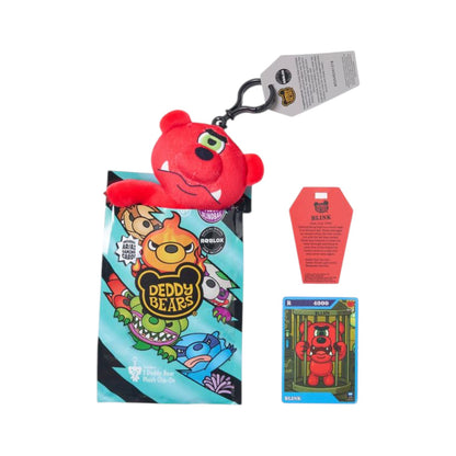 Red Deddy bear keychain with packaging and tag on a white background