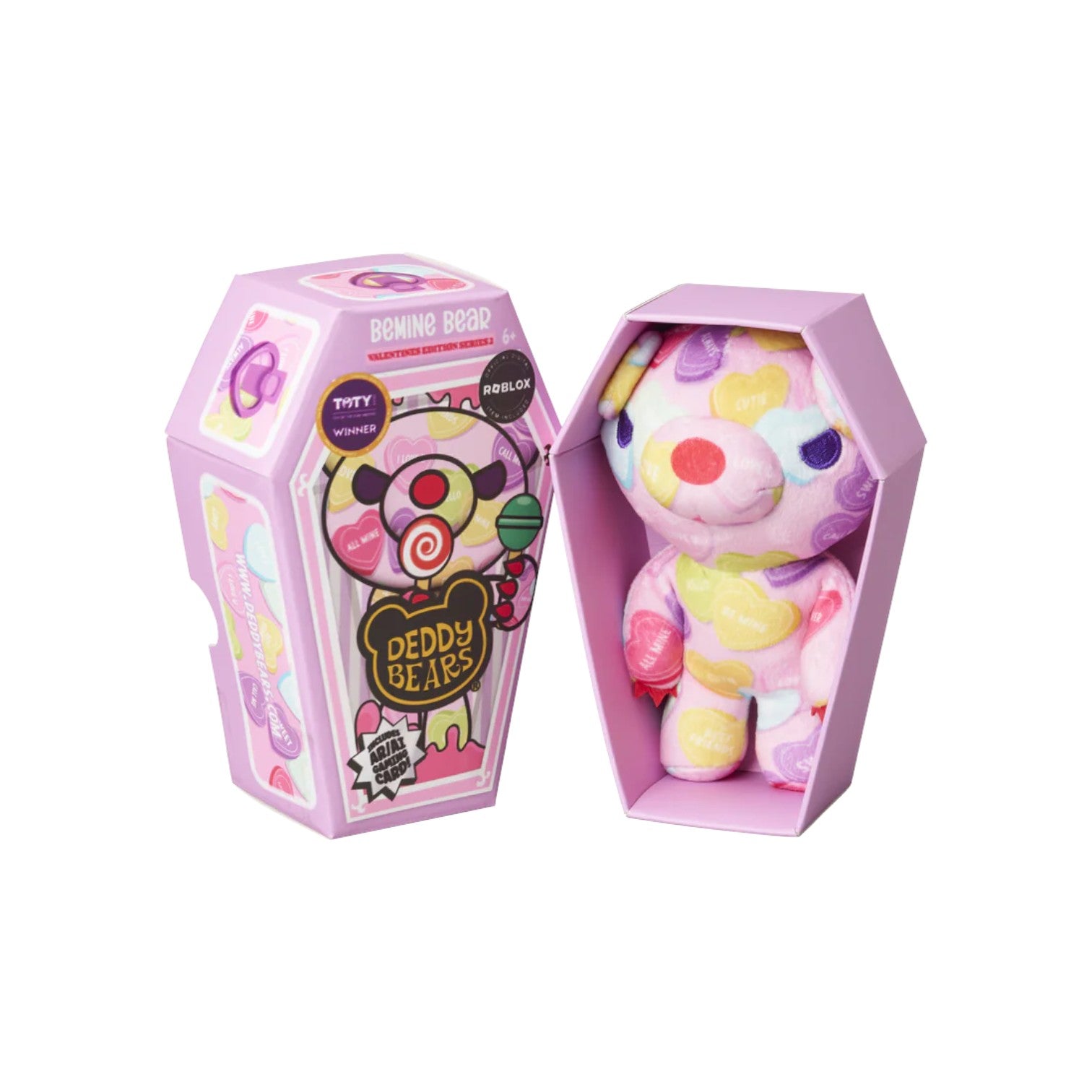 Deddy Bears Series 2 Valentine's Day Edition Bemine Bear 6-inch plush in coffin box, a pink bear covered in pastel candy hearts.