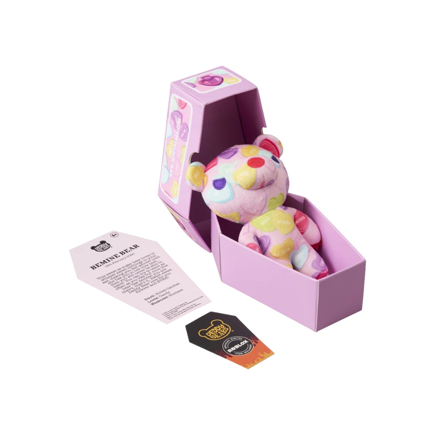 Deddy Bears Series 2 Valentine's Day Edition Bemine Bear 6-inch plush in coffin box, a pink bear covered in pastel candy hearts.