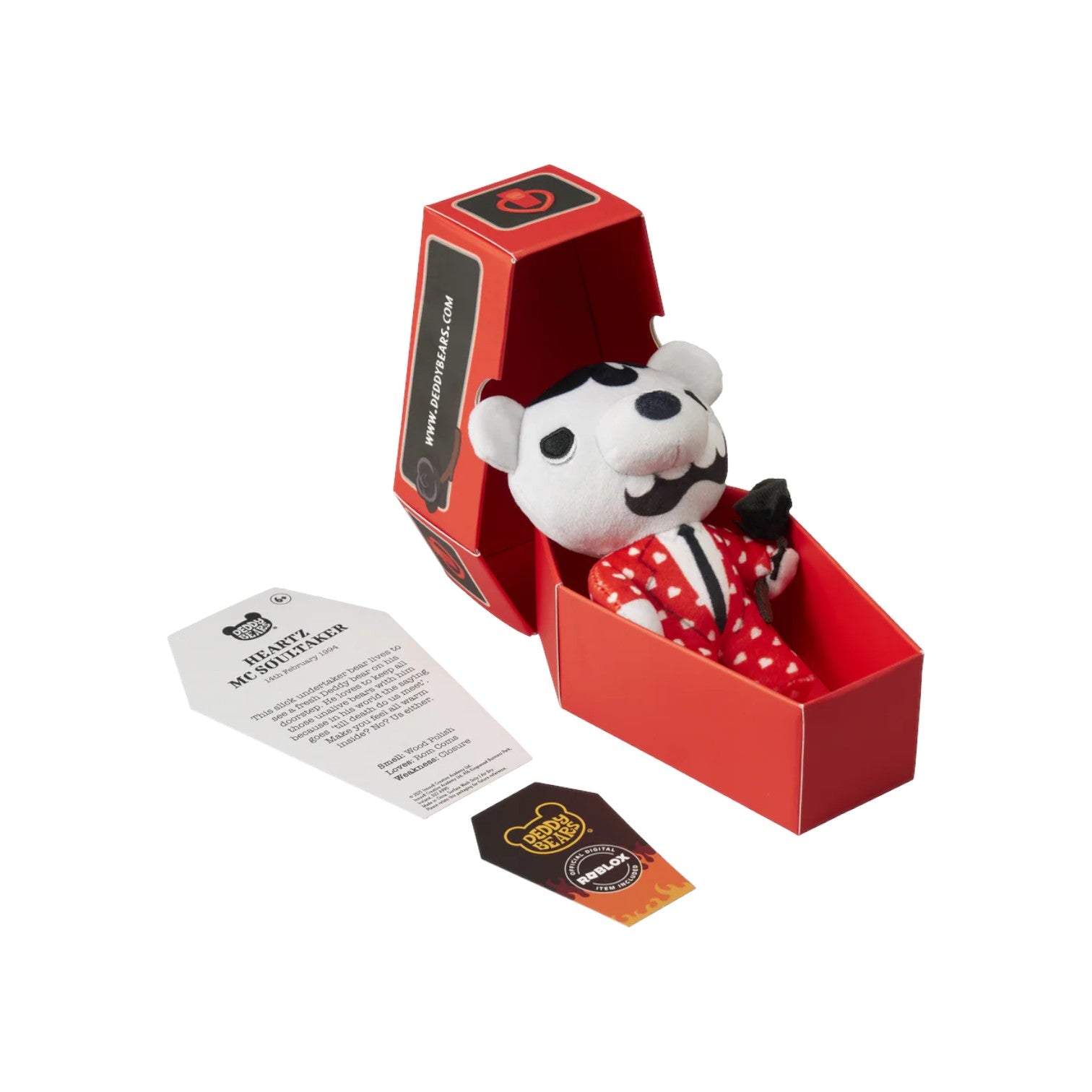 Deddy Bears Series 2 Valentine's Day Edition Heartz McSoultaker 6-inch plush in coffin box, a white undertaker bear in a red heart suit holding a shovel.