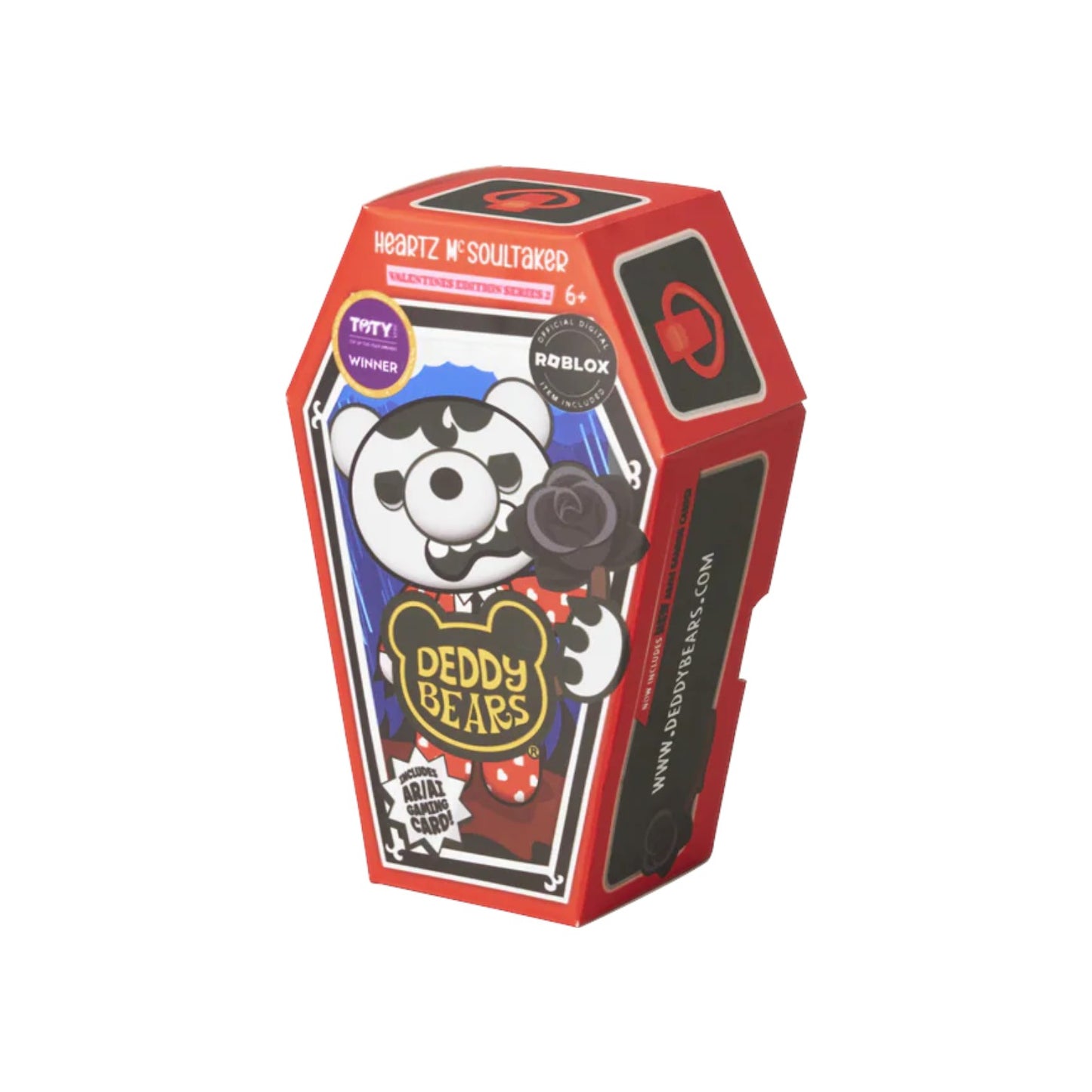 Red toy packaging with cartoon character on a white background