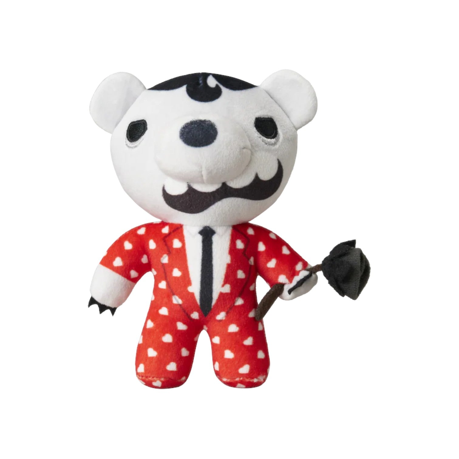 Deddy Bears Series 2 Valentine's Day Edition Heartz McSoultaker 6-inch plush, a white undertaker bear in a red heart suit holding a shovel.
