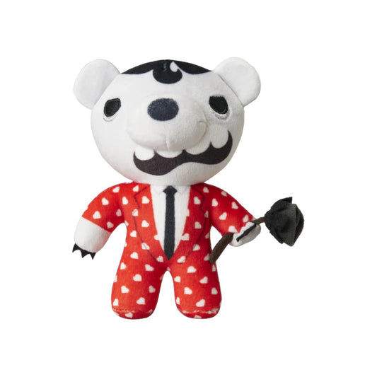Deddy Bears Series 2 Valentine's Day Edition Heartz McSoultaker 6-inch plush, a white undertaker bear in a red heart suit holding a shovel.