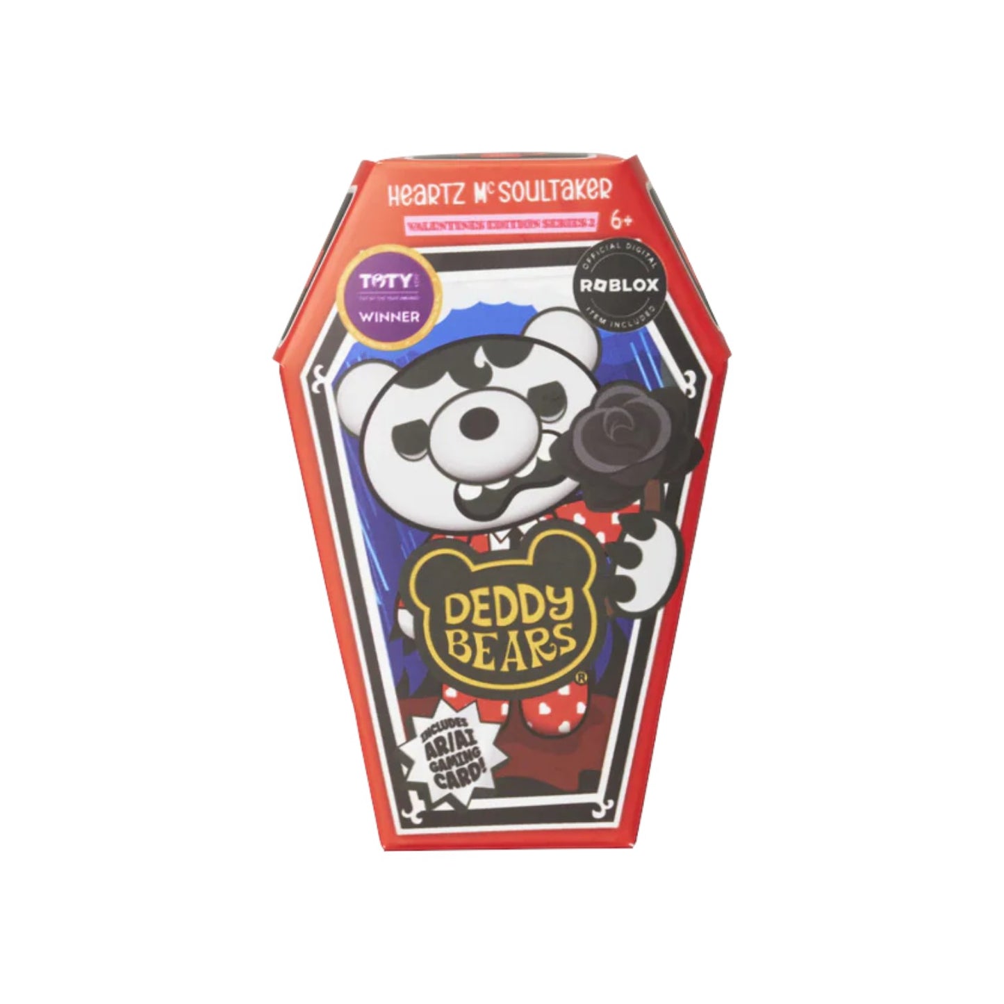 Packaging for Deddy Bears Series 2 Valentine's Day Edition Heartz McSoultaker 6-inch plush in coffin box, a white undertaker bear in a red heart suit holding a shovel.