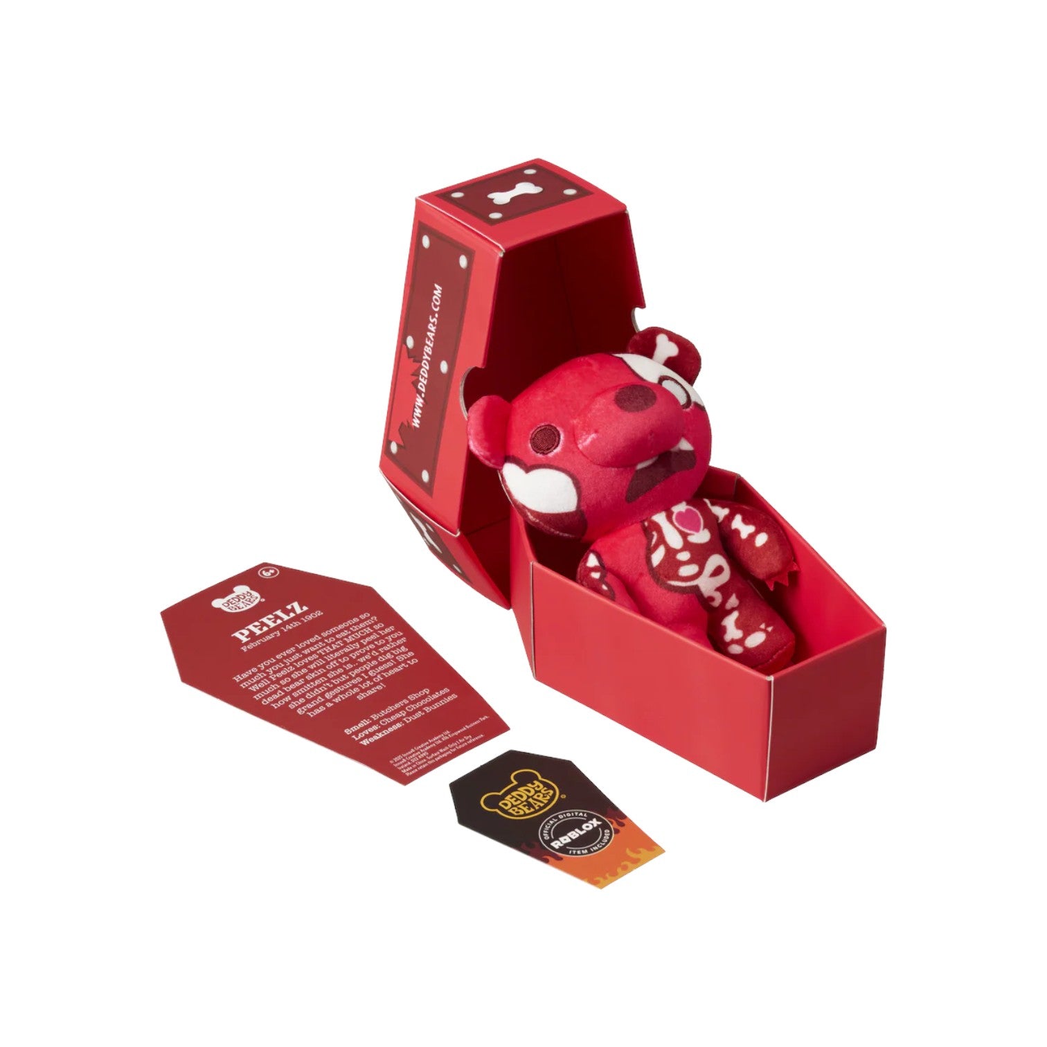 Deddy Bears Series 2 Valentine's Day Edition Peelz 6-inch plush in coffin box, a red skinless bear with a heart-shaped eye.