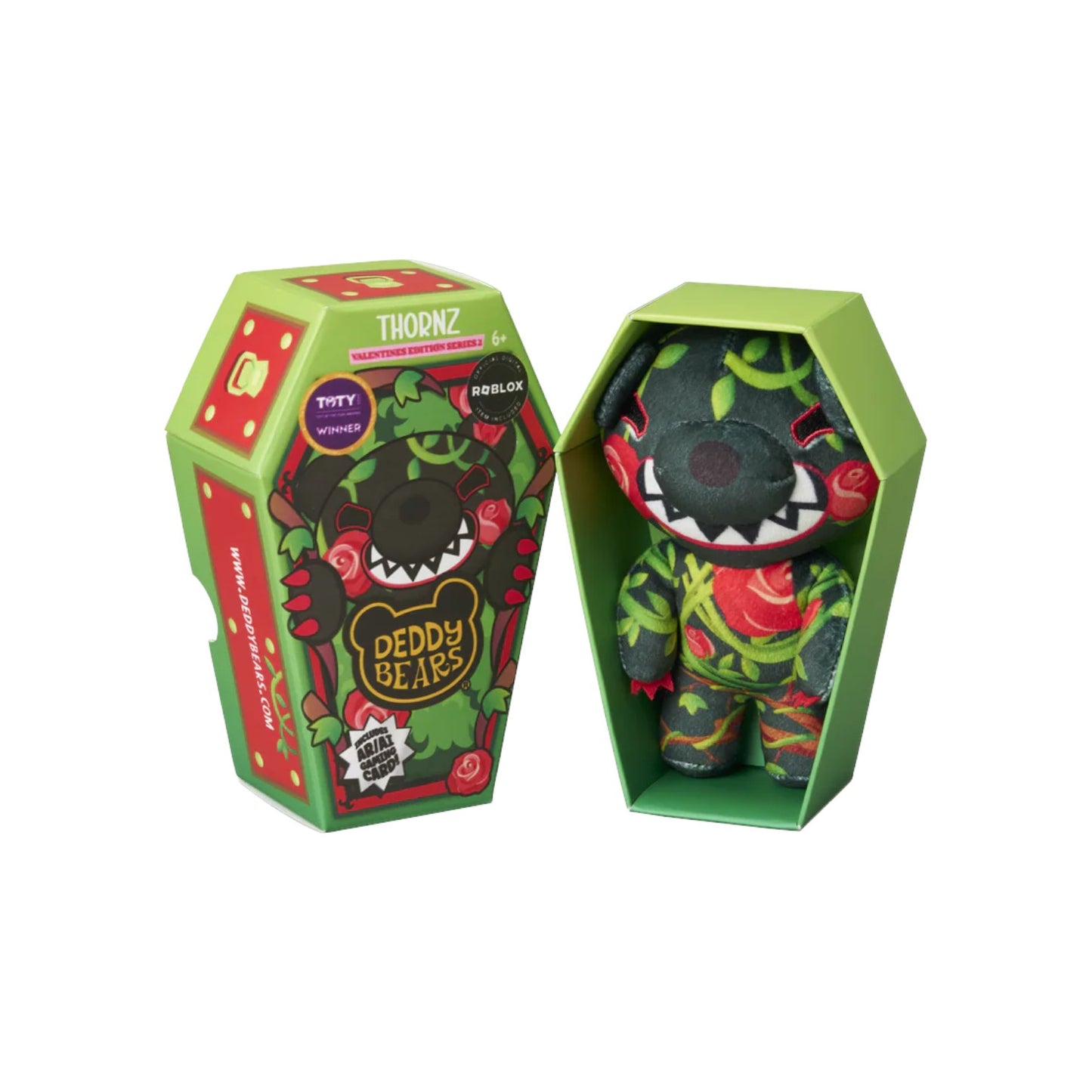 Deddy Bears Series 2 Valentine's Day Edition Thornz 6-inch plush in coffin box, a black bear wrapped in green vines and red roses.