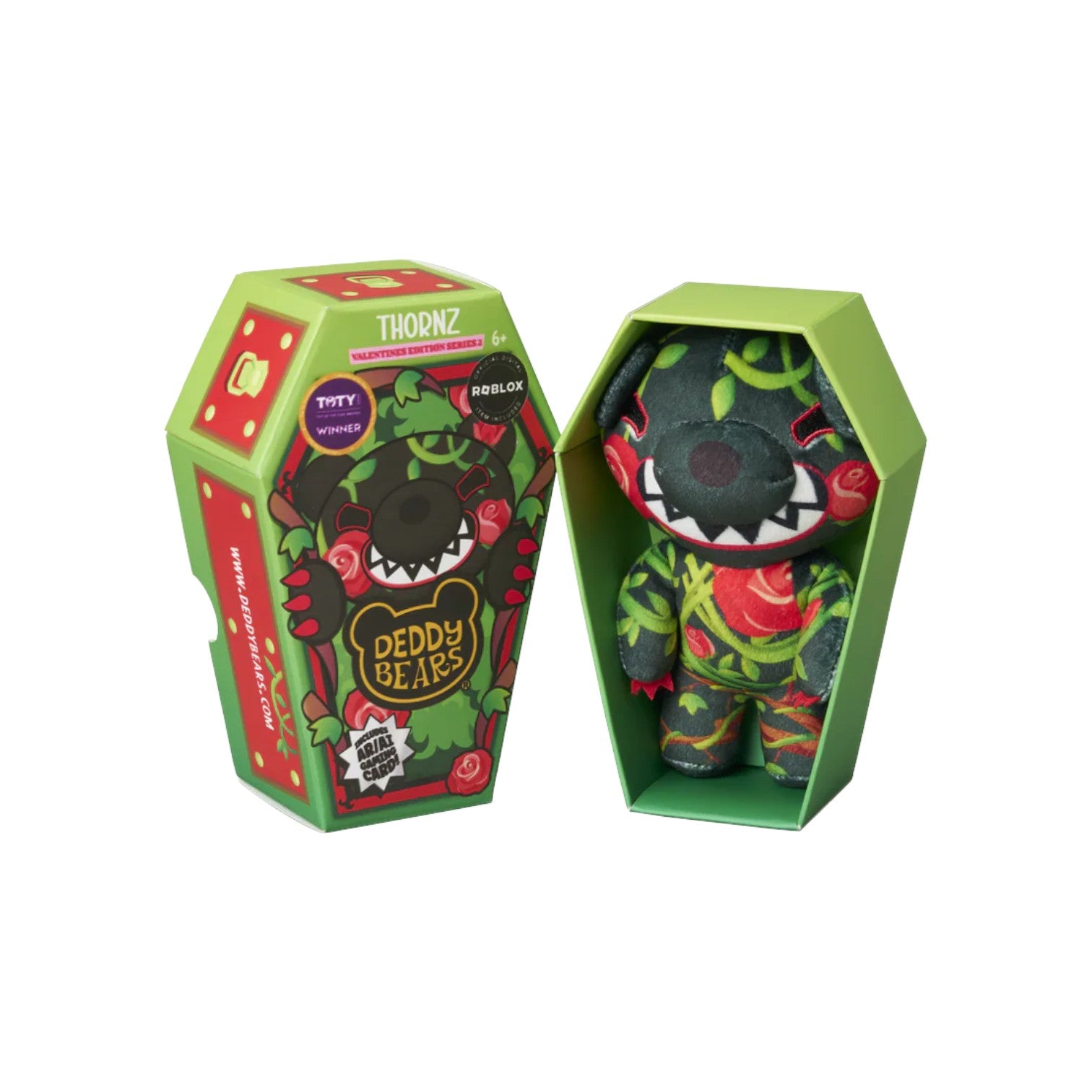 Deddy Bears Series 2 Valentine's Day Edition Thornz 6-inch plush in coffin box, a black bear wrapped in green vines and red roses.