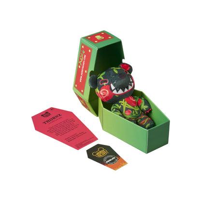 Deddy Bears Series 2 Valentine's Day Edition Thornz 6-inch plush in coffin box, a black bear wrapped in green vines and red roses.