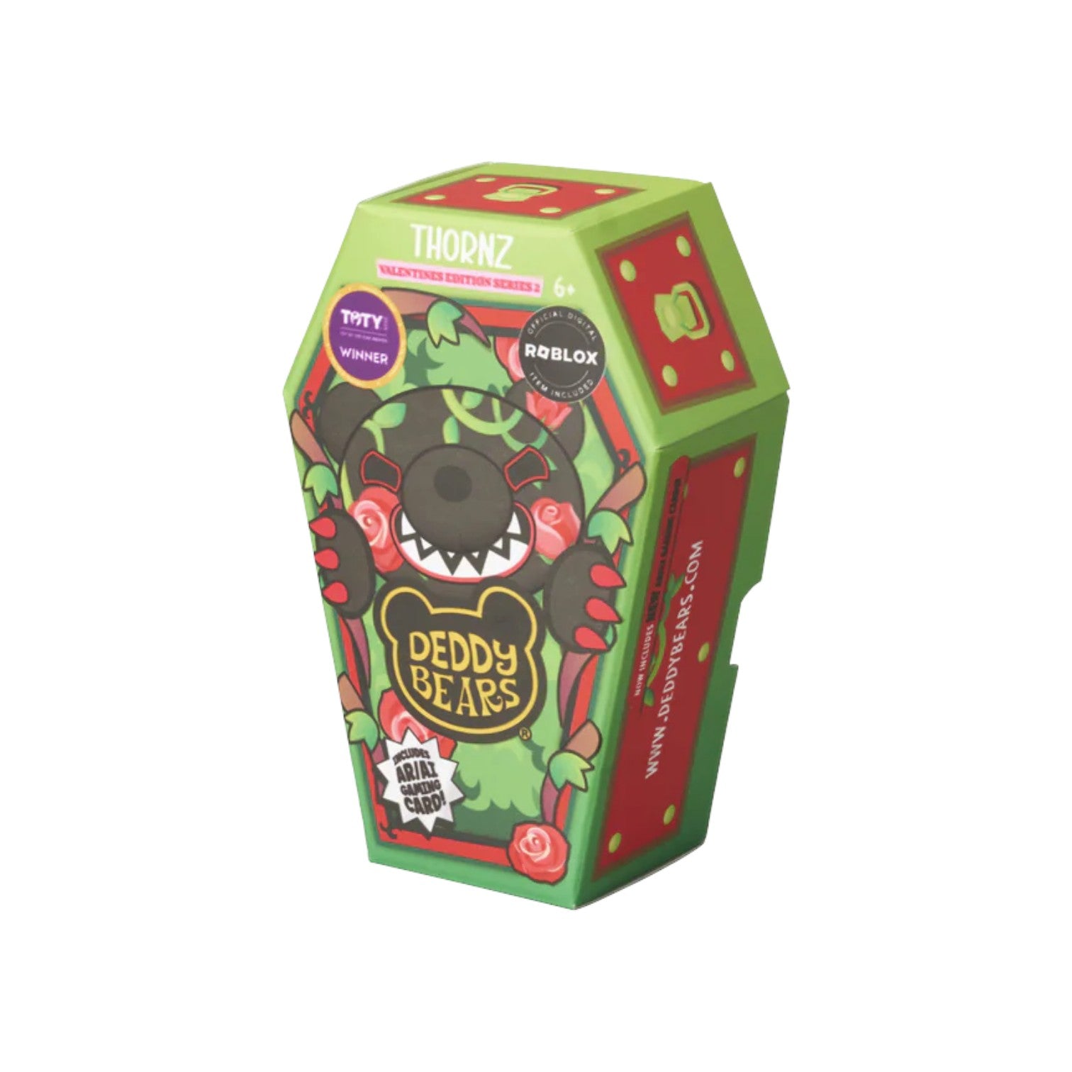 Display box with Roblox label for Deddy Bears Series 2 Valentine's Day Edition Thornz 6-inch plush in coffin box