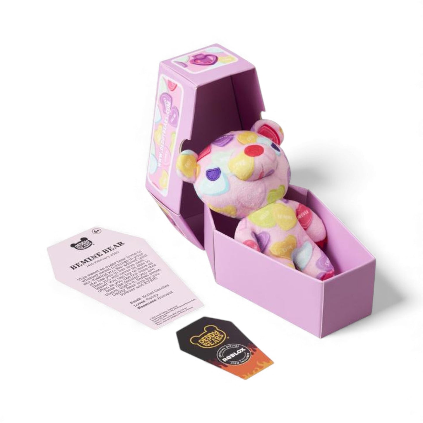Product view of Bemine Bear from Deddy Bears Valentine's Series 2, a pink 5-inch plush covered in pastel candy hearts sitting in a pink coffin box.